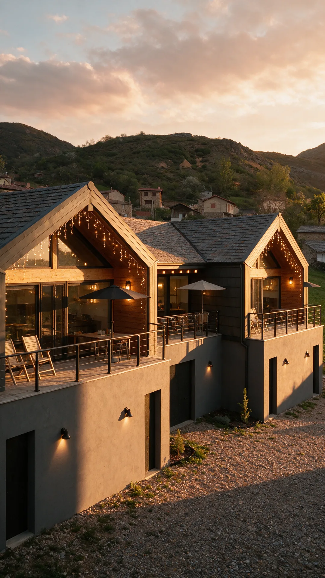 Fachada al atardecer de las casas rurales La Finca del Valle, Valle de Vegacervera