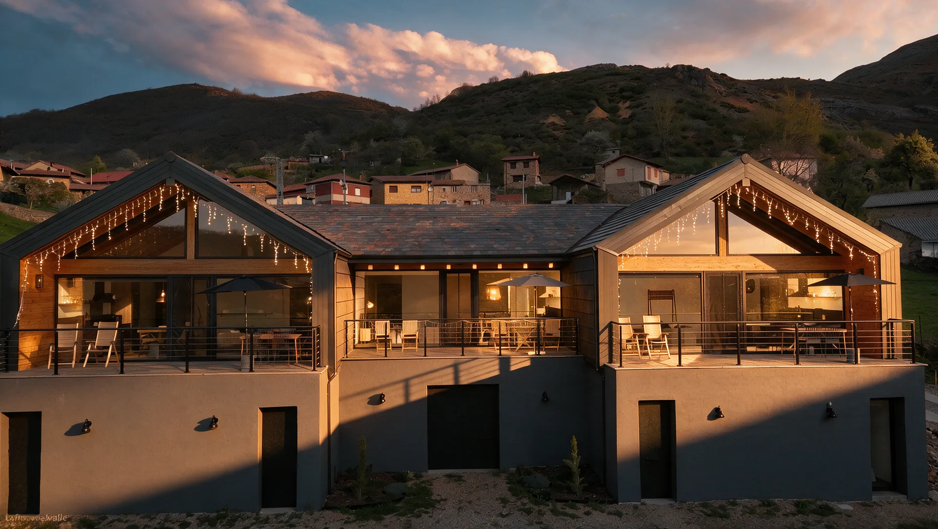 Fachada al atardecer de las casas rurales La Finca del Valle, Valle de Vegacervera